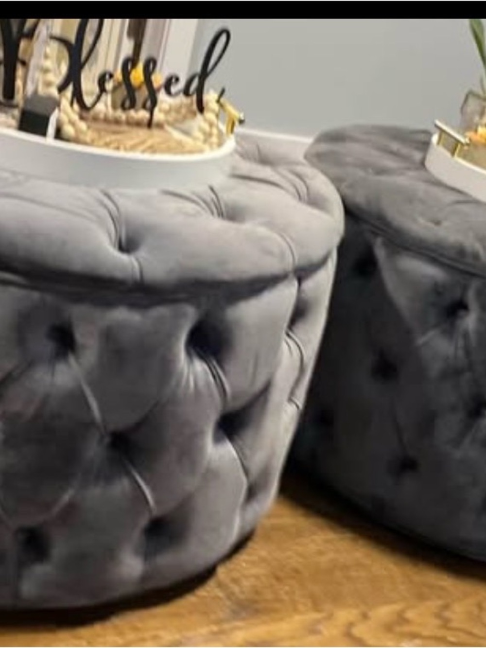 Round Tufted Velvet Ottoman - Gray